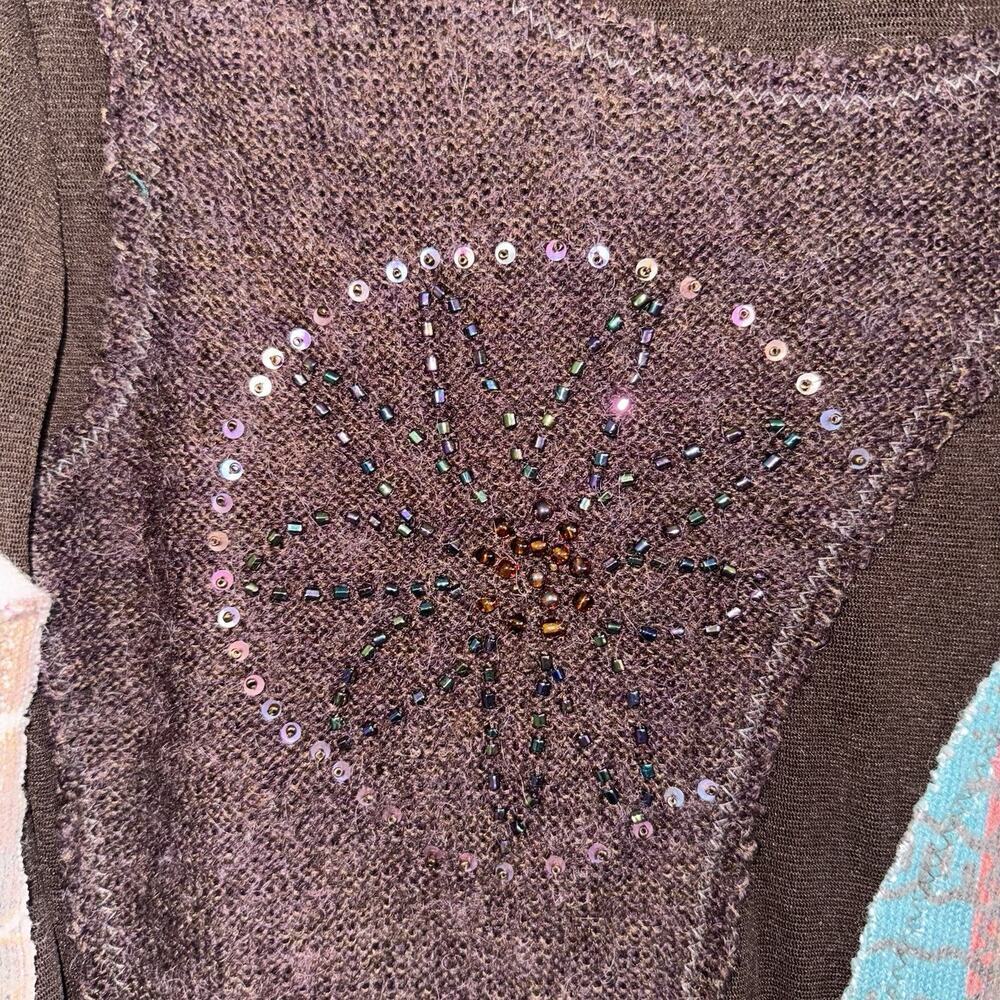 Rare Etoile Du Monde Brown Semi-Sheer Patchwork Sweater Boho Celestial Art - Picture 6 of 9